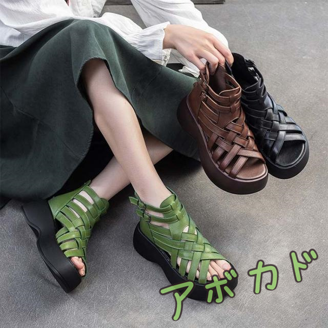 ブーツサンダル レディース 厚底 ブーツサンダル グラディエーターサンダル 編み込み 6センチ 牛革 厚底サンダル 6cm 本革 歩きやすい 美脚サンダル サマーブーツ バックジップ 22.5cm 23.0cm 23.5cm 24.0cm 24.5cm