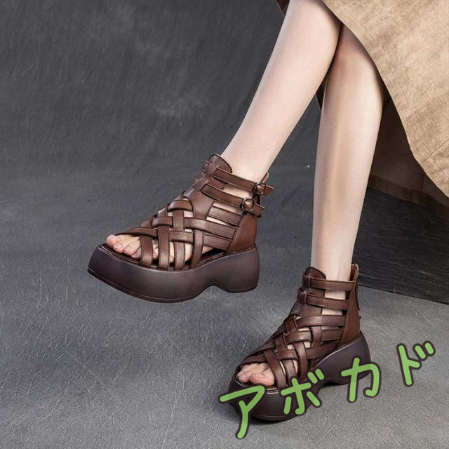 ブーツサンダル レディース 厚底 ブーツサンダル グラディエーターサンダル 編み込み 6センチ 牛革 厚底サンダル 6cm 本革 歩きやすい 美脚サンダル サマーブーツ バックジップ 22.5cm 23.0cm 23.5cm 24.0cm 24.5cm