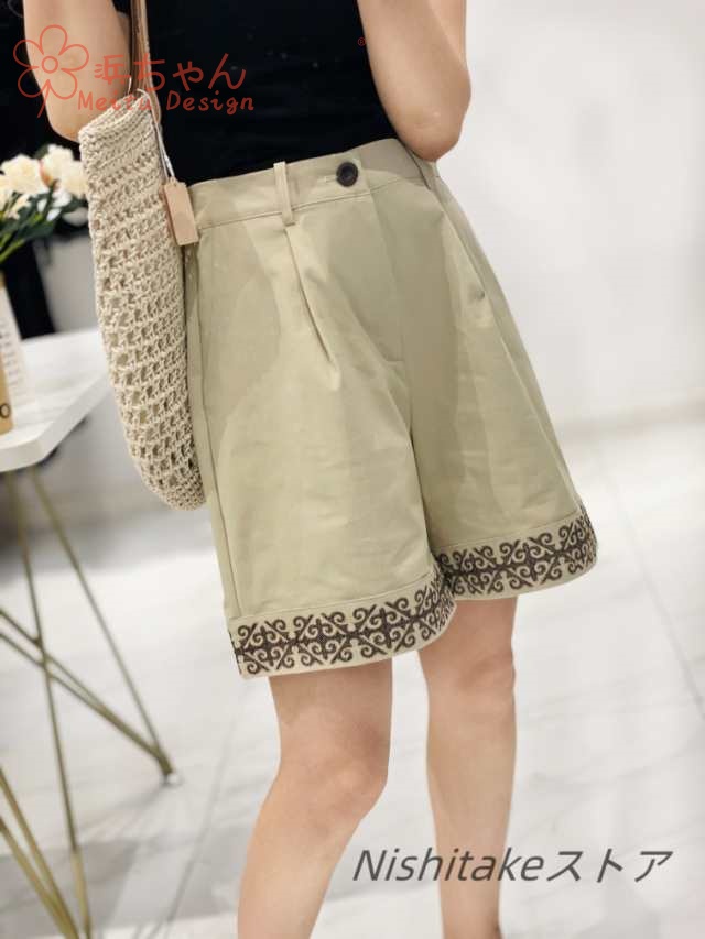 レディース夏用 民族風刺繍がおしゃれ Aラインシルエット ハイウエスト