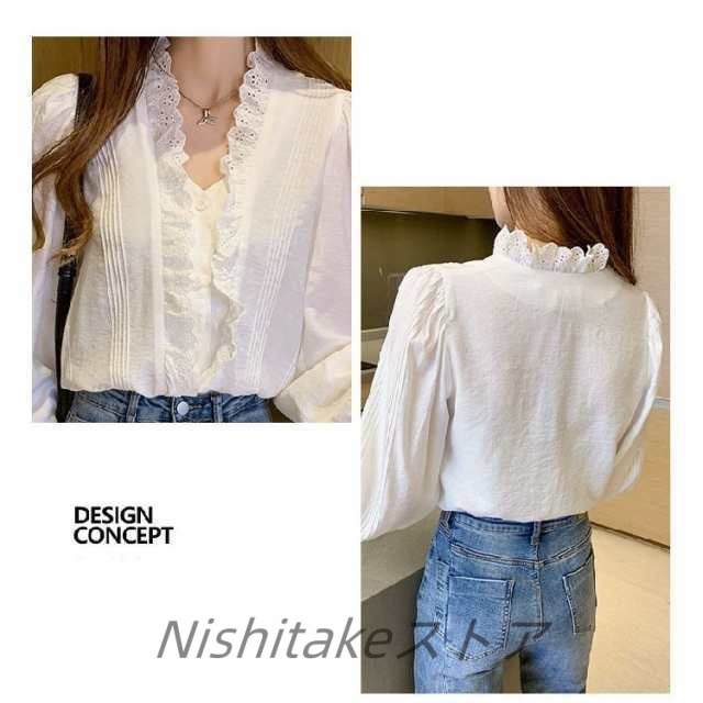 シャツ ブラウス 40代 レディース 春夏 フリル Vネック 長袖 通勤 韓国