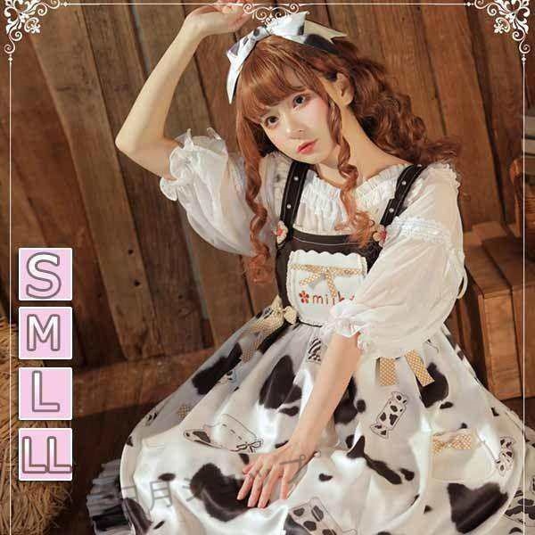 甘ロリ 姫ロリ 白ロリ ロリータ ワンピース 牛柄 Aライン Lolita メイド レディース コスチューム 衣装 ゆめかわいい メイド コスプレ パーティードレス 髪飾り