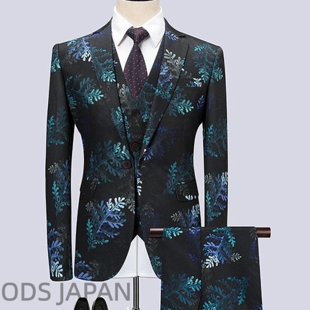 スリーピース スーツ メンズ 2ツボタン セットアップ スリム 3ピース ビジネススーツ 花柄 カジュアル 結婚式 おしゃれ 春