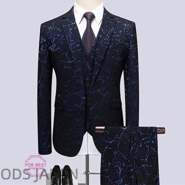 3点セット メンズ 3ピーススーツ スーツセット 1つボタン 3点スーツ ビジネス 柄物 フォーマル 結婚式 スリム 長袖 細身