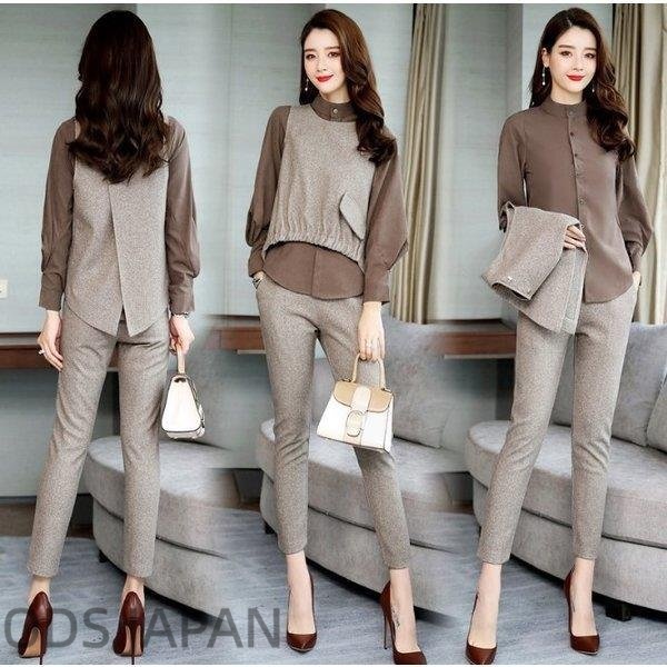 セットアップ スーツ レディース 3点セット スーツ シャツ ブラウス フォーマル パンツスーツ オフィス セレモニー ビジネス 着痩せ 大人 上品 通勤 OL