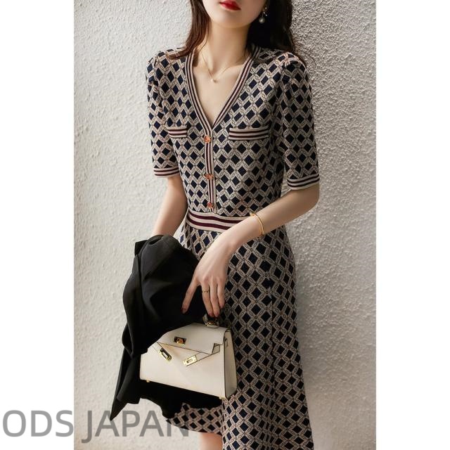 ワンピース レディース 2030代 夏 カジュアル Vネック 半袖 チェック柄  切り替え Aライン