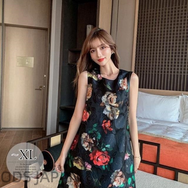 ワンピース ラウンドネック 花柄 総柄プリント ビーズ 膝上 涼しげ 派手 ガーリー 女子会 華美 お出かけファッション きれいめ お出かけ