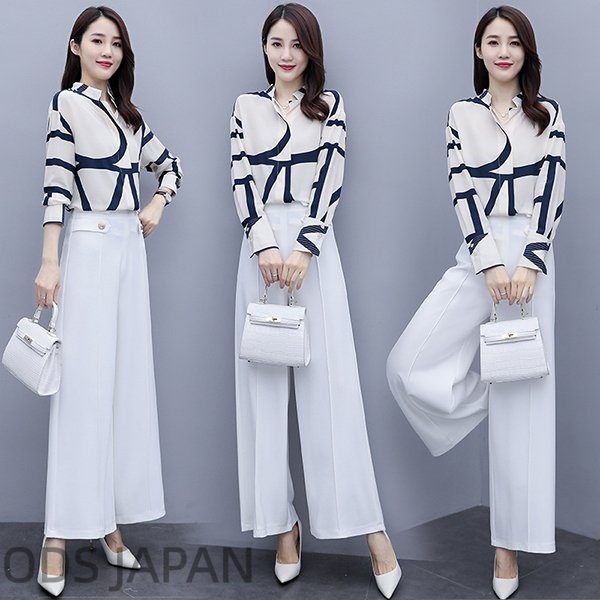 セットアップ レディース 春秋 40代 20代 コーデ カジュアル ブラウス シャツ 長袖 ガウチョパンツ 大きいサイズ 韓国風 おしゃれ 着痩せ 通勤 OL 上品 新品