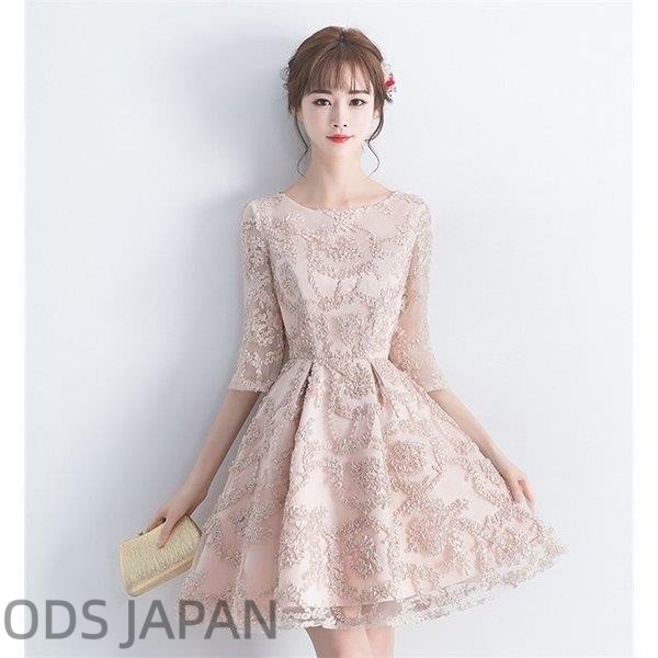 パーティードレス フレアワンピース ミニ 細身 結婚式 お呼ばれ レース 二次会 演奏会 披露宴 エレガント アプリコット 大きいサイズ S?3L