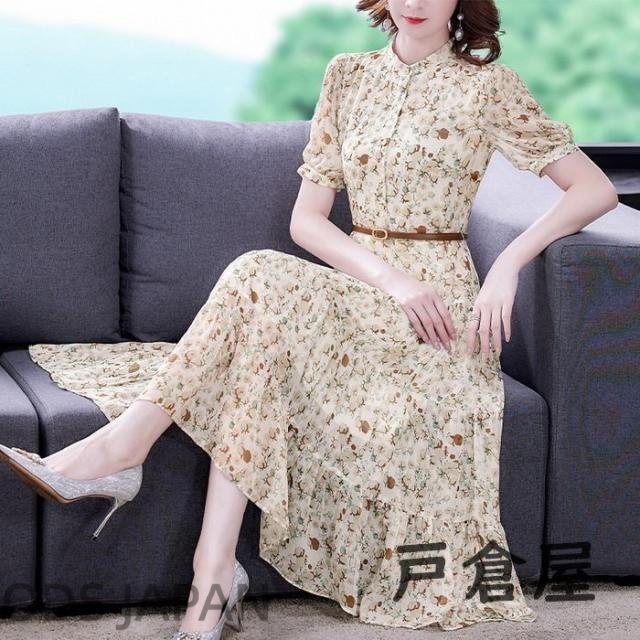 シャツワンピース レディース 40代 マキシ丈ワンピース 春夏 半袖ワンピース パフスリーブ シフォン花柄フレアスカート ゆったり オシャレ通勤 大人上品 30代