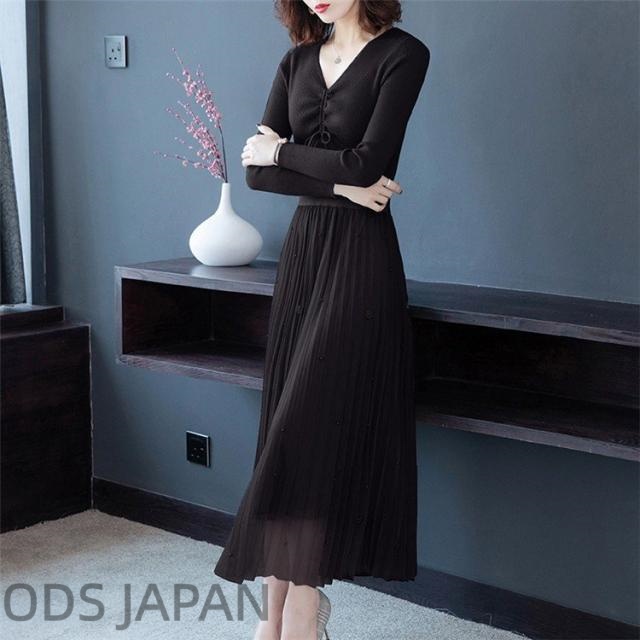 2点セット レディース ニットワンピース ドレス プリーツ チュールスカート メリヤス スカート セーター 長袖 ルロング丈 秋冬 30代 40代 50代 韓国風 2点セット レディース ニットワンピース ドレス プリーツ チュール