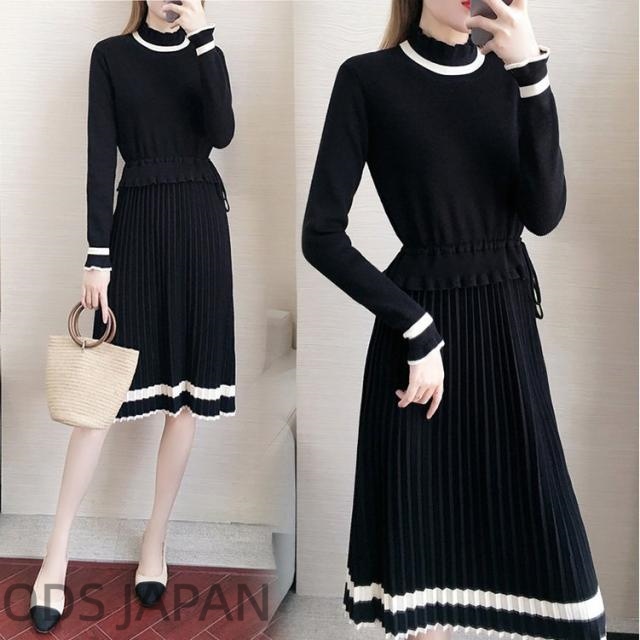 ニットワンピース レディース 40代 秋冬 長袖ワンピース ロング丈 ハイウエスト フレアスカート 黒セーター  ゆったり 韓国風 オシャレ大人 上品 着痩せ