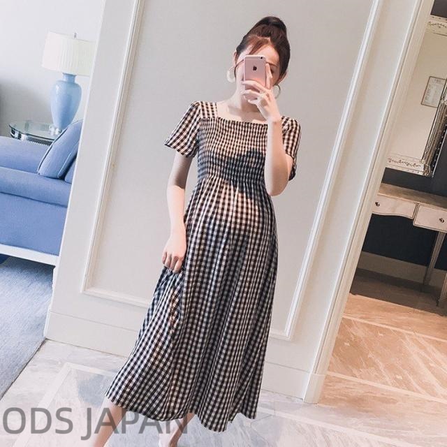 ワンピース レディース 夏 半袖 きれいめ チェックワンピース 通勤 ロング丈ワンピース 韓国風 オシャレ カジュアル 妊娠服 ゆたっり 大きいサイズ 着痩せ