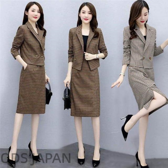 スカートセットアップ レディース 2点セット 上下セット 膝丈スカート スカートスーツ ジャケット コート チェック柄 着痩せ 通勤 OL おしゃれ 30代 40代