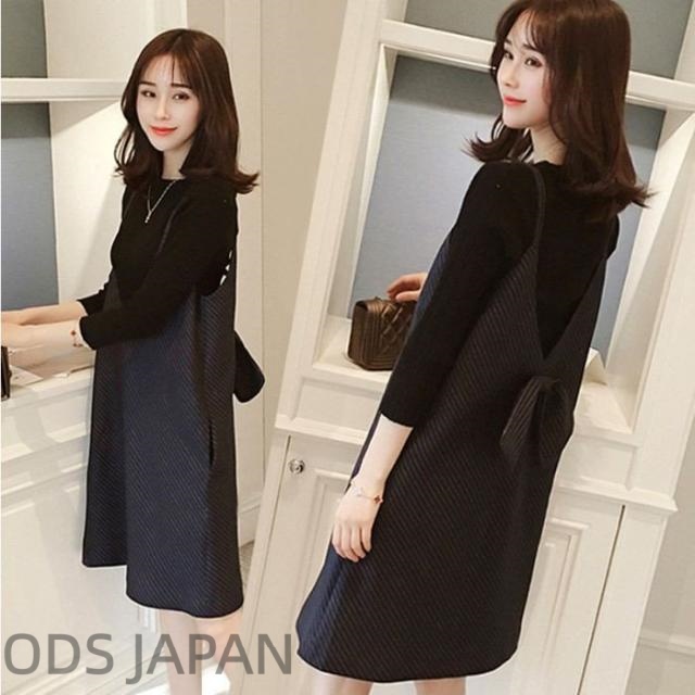 妊婦ワンピース 2点セットチョッキスカート 長袖 Tシャツ 大きいサイズ ゆったり ファッション 春秋 ルームウエア