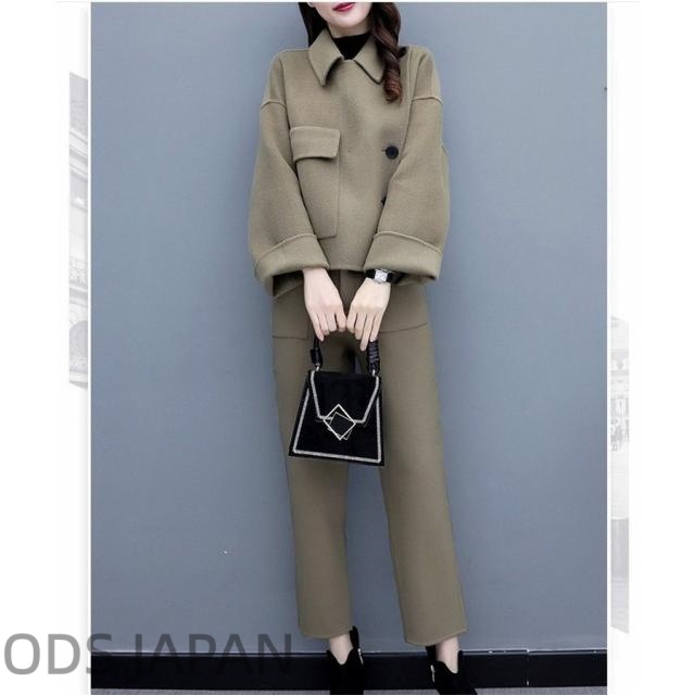 セットアップ レディース 秋冬 パンツスーツ 上下セット ジャケット アウター ショート 長袖 パンツ 9分丈 フォーマル ラシャ混 通勤 OL 30代 40代 冬 セットアップ レディース 秋冬 パンツスーツ 上下セット ジャケット