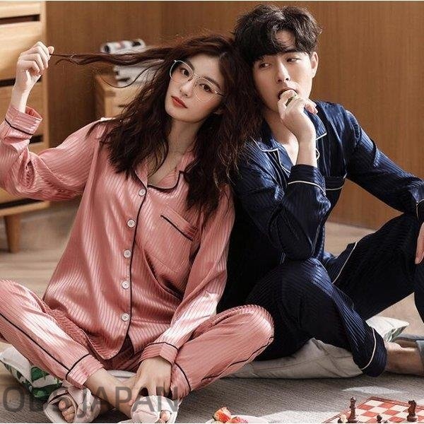 ご夫婦 お揃い パジャマ ペアルック カップル セットアップ ストライプ柄 長袖 Tシャツ*パンツ さわやか かわいい トップス 夏 ペア プレゼント 部屋着 寝巻き