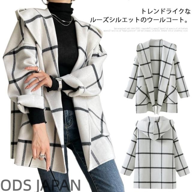 ウールコート フードジャケット レディース ウール混 アウター ミドル丈 フード付き コート おしゃれ チェック柄 ジャケット 羽織り 長袖 ゆったり ロングコート あったか 防寒 ドロップショルダー 大きいサイズ ガウンコート カジュアル 上品 きれいめ 秋冬 冬 秋 送料無料
