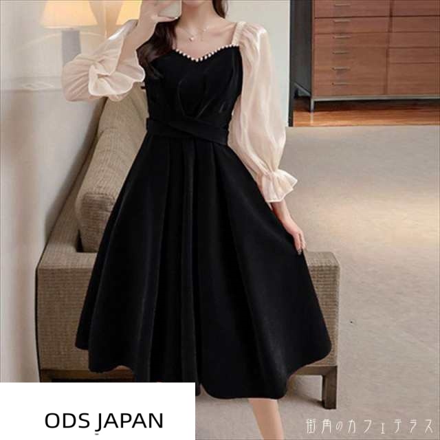 ロングドレス 2色 ワンピース ドレス dress 衣装 パーティドレス カラードレス ロング ロング丈 膝丈 ひざ丈 袖あり 長袖 フレアスリーブ ラウンドネック Aライン フレア ドッキング 異素材切り替え ベロア サテン フォーマル エレガント 可愛い 大人可愛い きれいめ シンプル