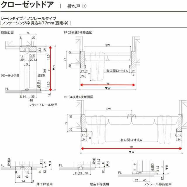 クローゼットドア 折れ戸 本体×2P(4枚) レールタイプ ノンケーシング枠 RAD 手掛け ラフィス 1223/1323 リクシル LIXIL Raffis 建具 交