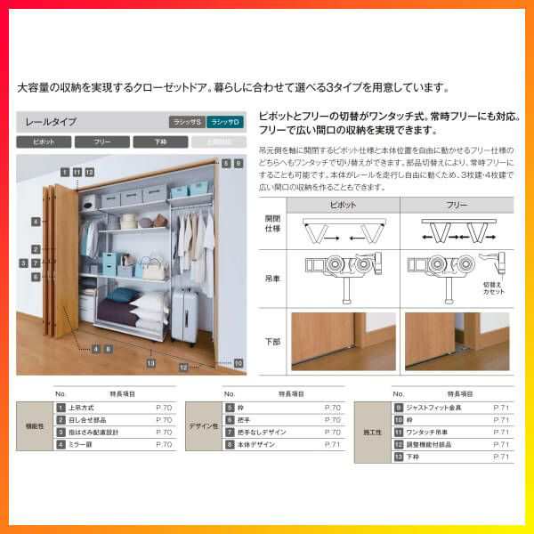 クローゼットドア 8枚 折れ戸 ラシッサS レールタイプ LAD 把手なし