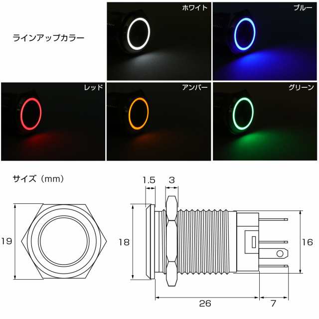 LEDリング付き ブラックボディ 薄型 プッシュスイッチ モーメンタリ―式 防水型 12V  I-162