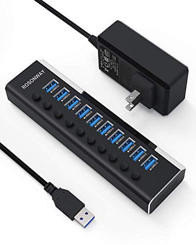 USB3.0ハブ 電源付き ROSONWAY 10ポート USBハブ アルミ製 5Gbps高速転送 セルフパワー USB拡張 独立スイッチ付 12V/3A ACアダプタ付きの通販は