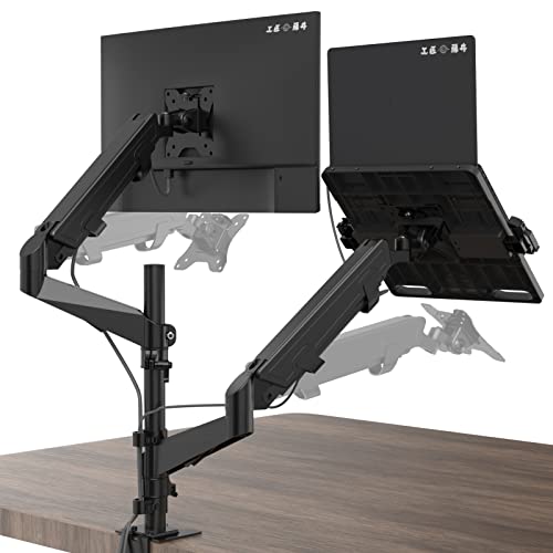 止めネジ式VESA工匠藤井 デュアルモニターアーム 液晶ディスプレイアーム PCトレイ付き 高度0~90cm ガススプリング式 15〜32インチ対応 耐荷重0-9kg ケーブル収納 クランプ式＆グロメット式　VESA75*75/100*1