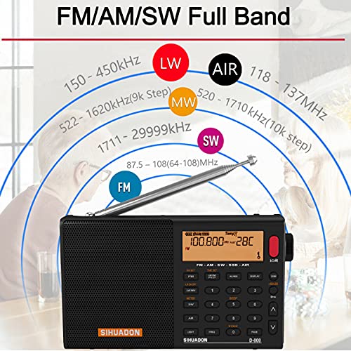 SIHUADUON D-808 ポータブルラジオ FM/AM/SW/LW/エアバンド ポケットラジオ SSB/BCL/DSP/RDS 高感度 小型 超軽量 電池式 充電式 オートオフ機能付き 操作簡単 日本語説明書付き