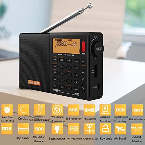 SIHUADUON D-808 ポータブルラジオ FM/AM/SW/LW/エアバンド ポケットラジオ SSB/BCL/DSP/RDS 高感度 小型 超軽量 電池式 充電式 オートオフ機能付き 操作簡単 日本語説明書付き