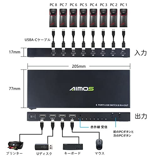 USB切替器、8入力4出力USB切り替え、PC8台用、プリンター、マウス、キーボード、スキャナーなどをサポート、USBプリンター共有スイッチハ