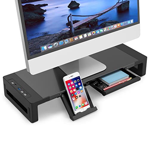 EAYHM モニター台 USB2.0/3.0 机上台 USB/TYPE-C充電付き PCスタンド スチール製 耐荷重30kg ノートパソコン/プリンター/iMac/タブレットパソコンに適用 引き出しとスマホホルダー付き (52*20*8.の通販は