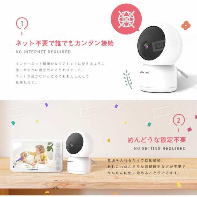 SecuSTATION ベビーモニター モニター付き 見守りカメラ 子守歌機能 泣き声検知 温度センサー 夜間赤く光らない 国内取扱品/サポート完備