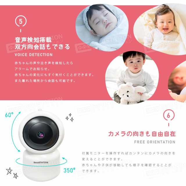 SecuSTATION ベビーモニター モニター付き 見守りカメラ 子守歌機能 泣き声検知 温度センサー 夜間赤く光らない 国内取扱品/サポート完備