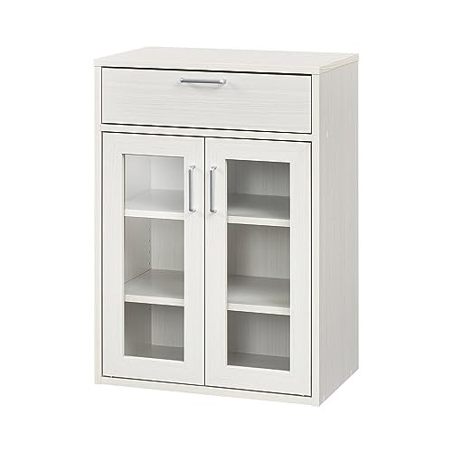 白井産業(Shirai) 食器棚 カップボード キッチン収納 ガラスキャビネット 同シリーズで組み合わせ自由自在 一人暮らしの部屋や狭いスペースにぴったりサイズ ホワイト 白木目 ベーシックデザイン 幅56.6×奥行35.5×高さ80cmの通販は