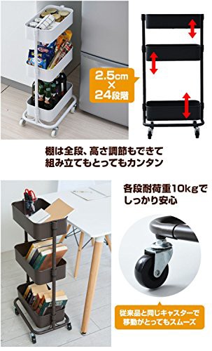 山善] キッチンワゴン スリム 高さ調節可能 全体耐荷重30kg メッシュ