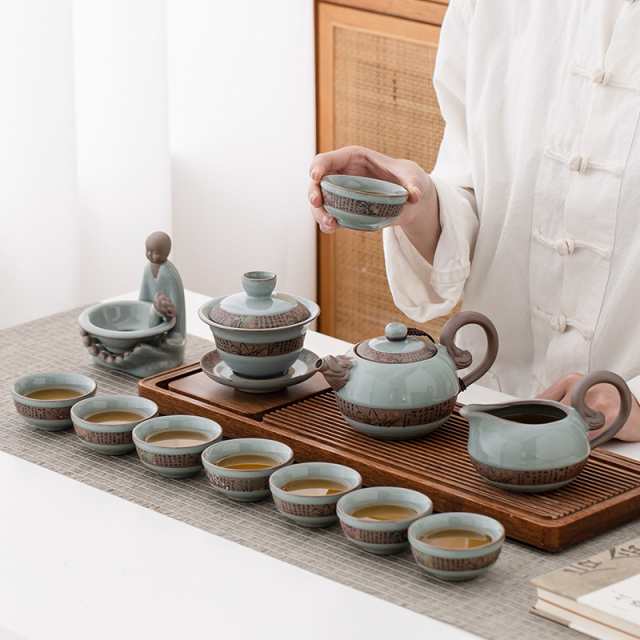 哥窯?歌窯(かよう) 茶器セット ティーセット 蓋碗 急須 12点セット 8客セット 龍泉 青磁 中国茶器 台湾茶 ウーロン茶 茶器【送料無料】