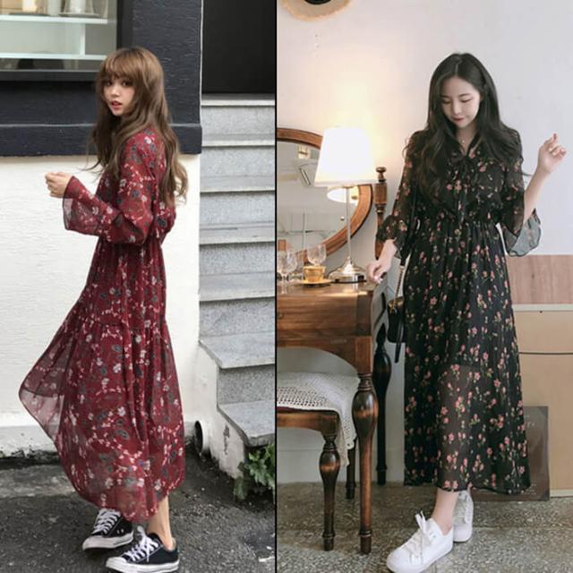 レトロ ワンピース 花柄 シフォン ロング ワンピ 長袖 ハイネック おしゃれ かわいい の通販はau Pay マーケット Fashion Mille