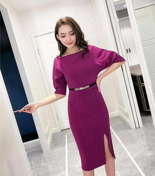 深スリットひざ丈タイトワンピース レディース ボートネック 無地 膝丈 5分袖 袖あり 紫 黒 の通販はau Pay マーケット Fashion Mille