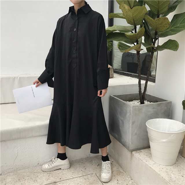 シャツワンピース ロング 黒 シャツ ワンピース 長袖 ブラック フリル ロングワンピ の通販はau Pay マーケット Fashion Mille