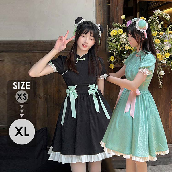 チャイナドレス ワンピース ブラック グリーン 中華風 ロリータ Aライン Lolita パフスリーブ 膝丈 レース フリル 5分袖 萌え萌え 可愛い 中華 漢服 姉妹 レディース コスチューム 友達
