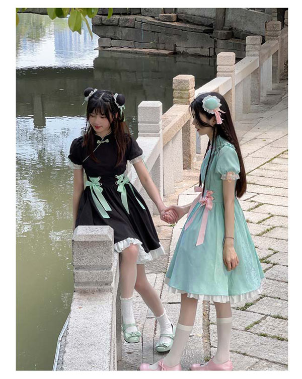 チャイナドレス ワンピース ブラック グリーン 中華風 ロリータ Aライン Lolita パフスリーブ 膝丈 レース フリル 5分袖 萌え萌え 可愛い 中華 漢服 姉妹 レディース コスチューム 友達_1