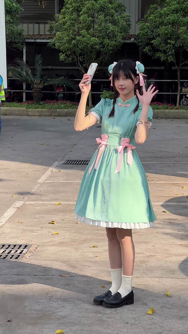 チャイナドレス ワンピース ブラック グリーン 中華風 ロリータ Aライン Lolita パフスリーブ 膝丈 レース フリル 5分袖 萌え萌え 可愛い 中華 漢服 姉妹 レディース コスチューム 友達_2
