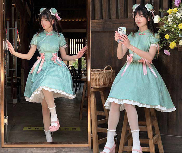 チャイナドレス ワンピース ブラック グリーン 中華風 ロリータ Aライン Lolita パフスリーブ 膝丈 レース フリル 5分袖 萌え萌え 可愛い 中華 漢服 姉妹 レディース コスチューム 友達_3
