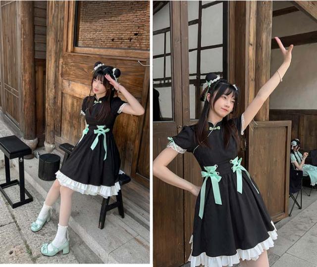 チャイナドレス ワンピース ブラック グリーン 中華風 ロリータ Aライン Lolita パフスリーブ 膝丈 レース フリル 5分袖 萌え萌え 可愛い 中華 漢服 姉妹 レディース コスチューム 友達_4