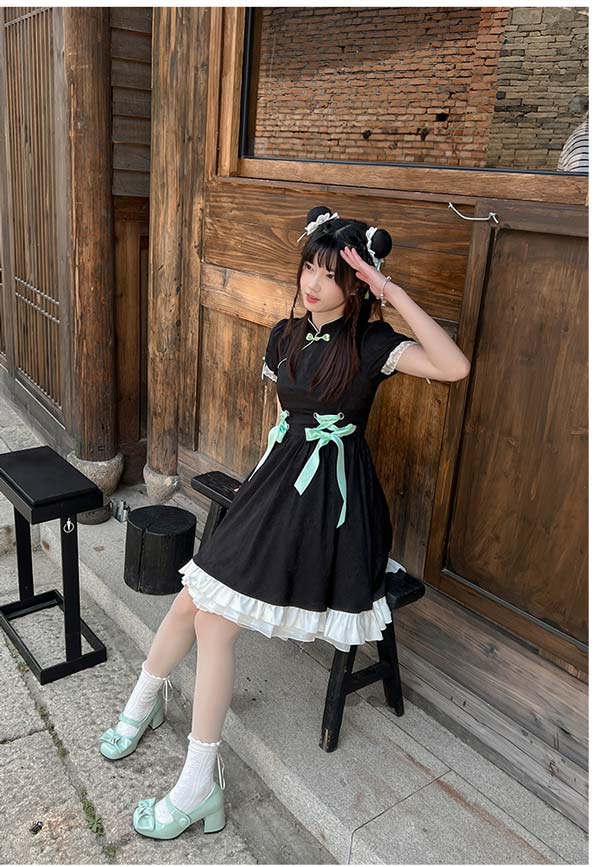 チャイナドレス ワンピース ブラック グリーン 中華風 ロリータ Aライン Lolita パフスリーブ 膝丈 レース フリル 5分袖 萌え萌え 可愛い 中華 漢服 姉妹 レディース コスチューム 友達_5