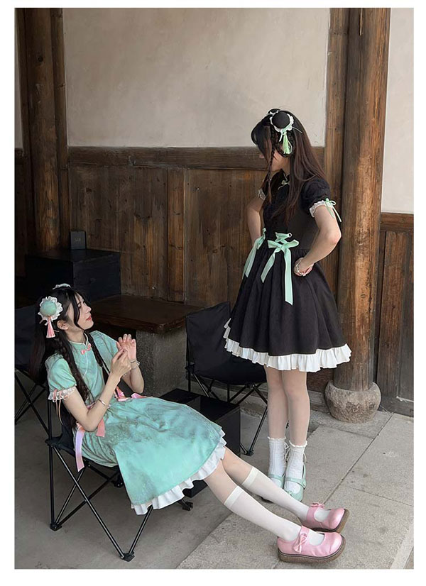 チャイナドレス ワンピース ブラック グリーン 中華風 ロリータ Aライン Lolita パフスリーブ 膝丈 レース フリル 5分袖 萌え萌え 可愛い 中華 漢服 姉妹 レディース コスチューム 友達_6