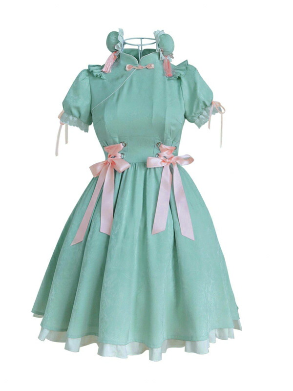 チャイナドレス ワンピース ブラック グリーン 中華風 ロリータ Aライン Lolita パフスリーブ 膝丈 レース フリル 5分袖 萌え萌え 可愛い 中華 漢服 姉妹 レディース コスチューム 友達_7