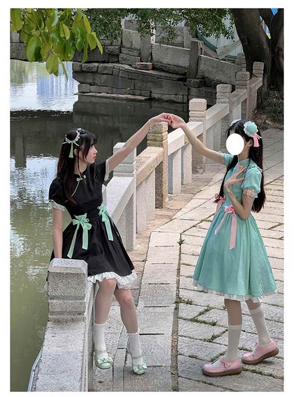 チャイナドレス ワンピース ブラック グリーン 中華風 ロリータ Aライン Lolita パフスリーブ 膝丈 レース フリル 5分袖 萌え萌え 可愛い 中華 漢服 姉妹 レディース コスチューム 友達_9