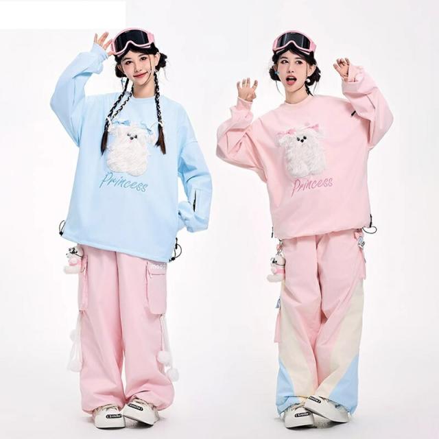 スノーボードウェア スキーウェア スノボウェア レディース スノボジャケット トレーナー トップス スノボパンツ ロングパンツ ボトムス ズボン ブルー 犬柄 裏ボア 3L ピンク