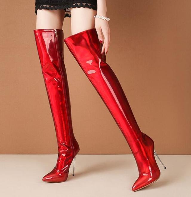 レディースブーツニーハイブーツエナメル12.5cm超ハイヒール光沢ロング